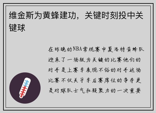 维金斯为黄蜂建功，关键时刻投中关键球